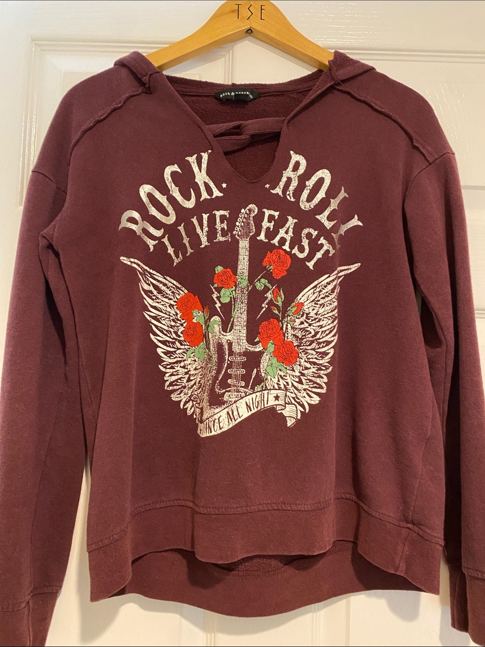 Rock & Republic Maroon Graphic Hoodie with Red Floral Accents